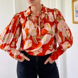 Carolina K Silk hand painted red peony print blouse